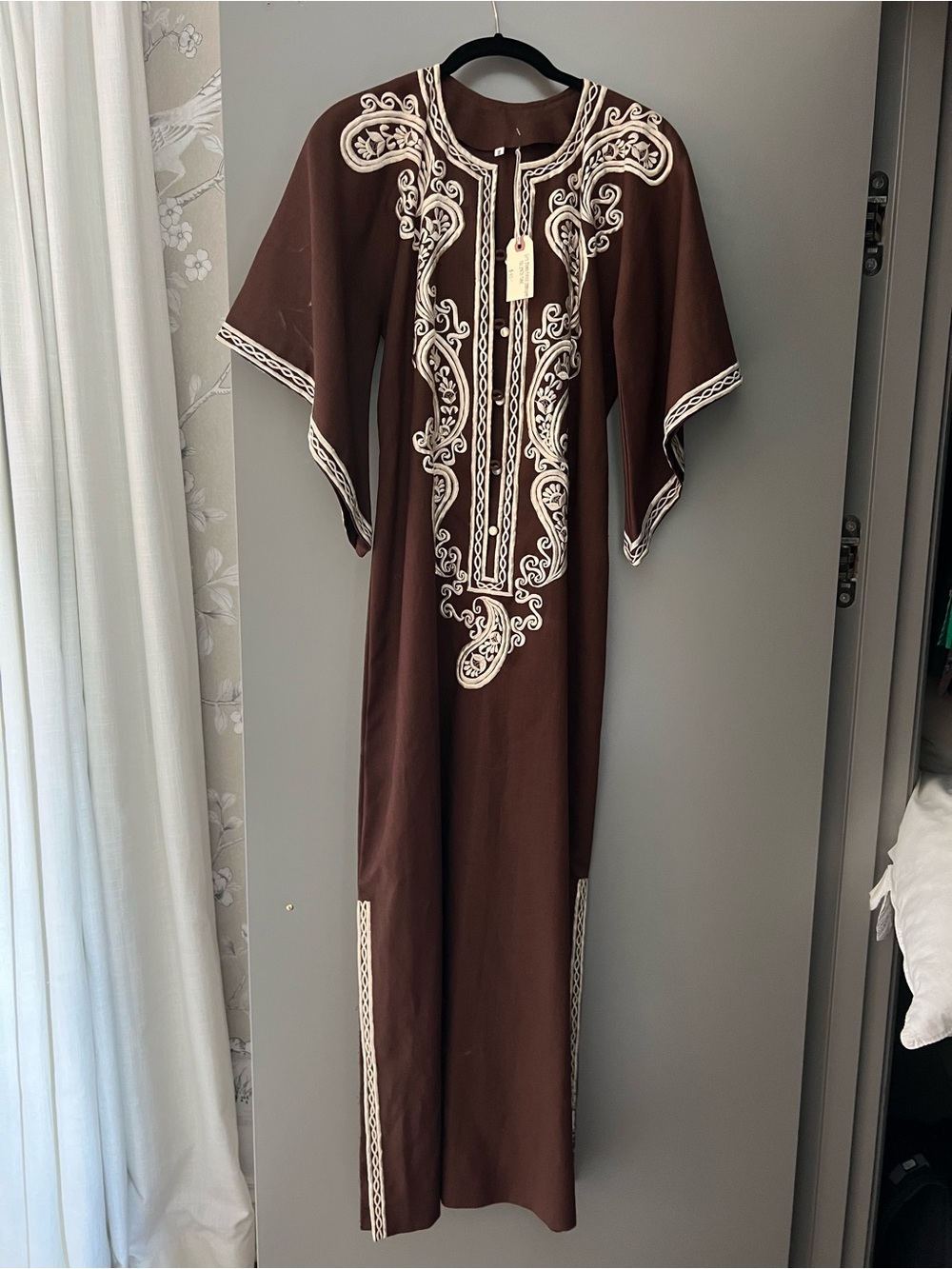 Embroidered Vintage 1960’s Brown Maxi Tunic with Ivory Detailing